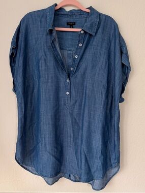 Talbots Chambray Tencel Blouse Indigo Blue Button Front Top 1X